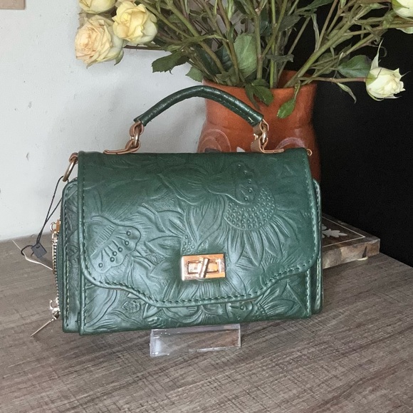 Handbags - Green Embossed Floral Leather Satchel - Top Handle Crossbody
